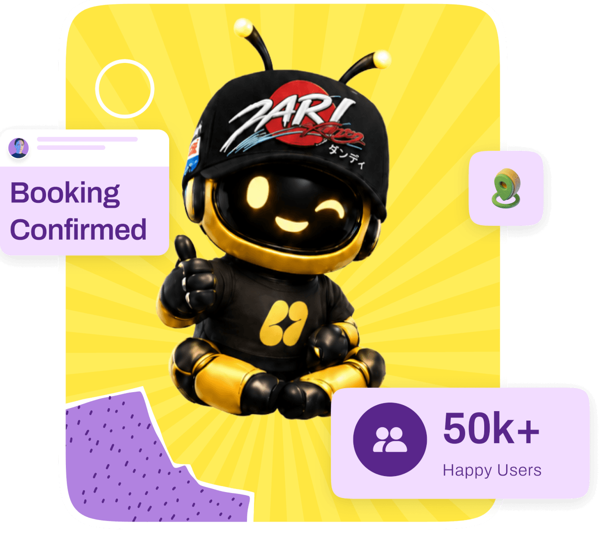 ARI, the Hive assistant mascot, with booking and happy-user badges