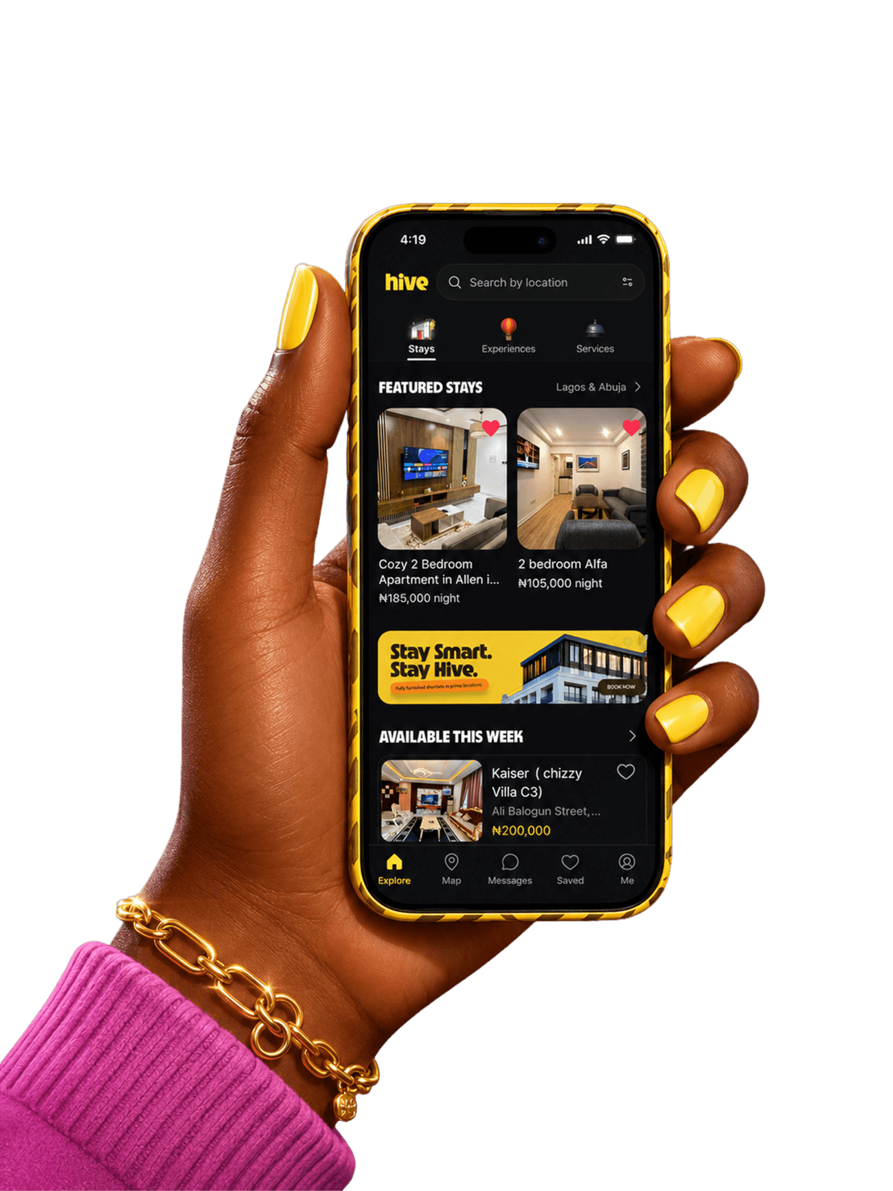 Hand holding phone showing the Hive app